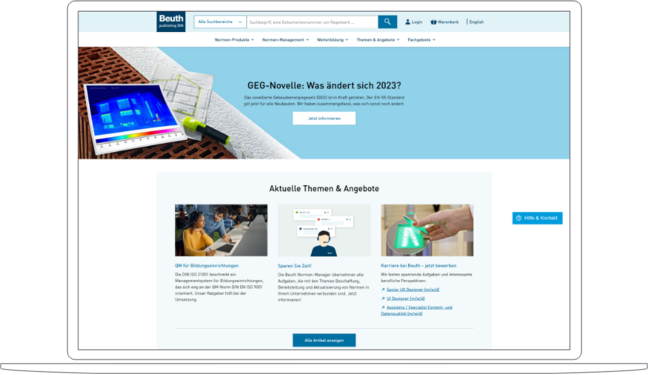 Screenshot of the Beuth Verlag homepage with current topics and offers