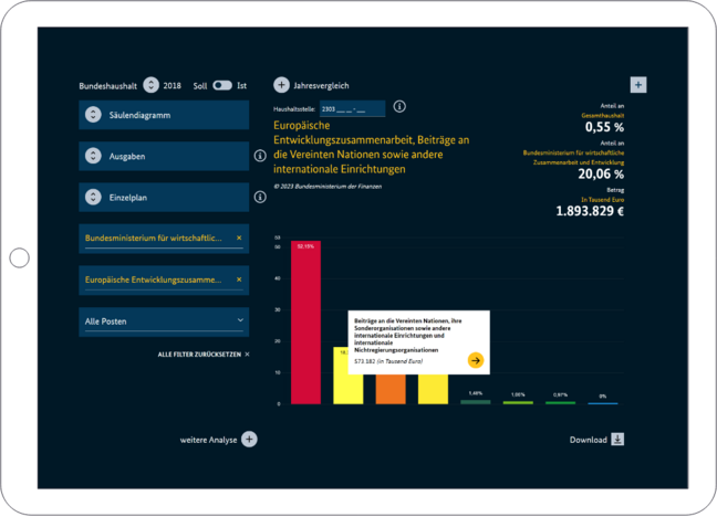 A screenshot from Bundeshaushalt Digital. It shows the individualizable evaluation options