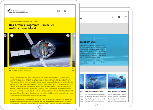 Screenshots von Themenseiten auf dem DLR-Portal